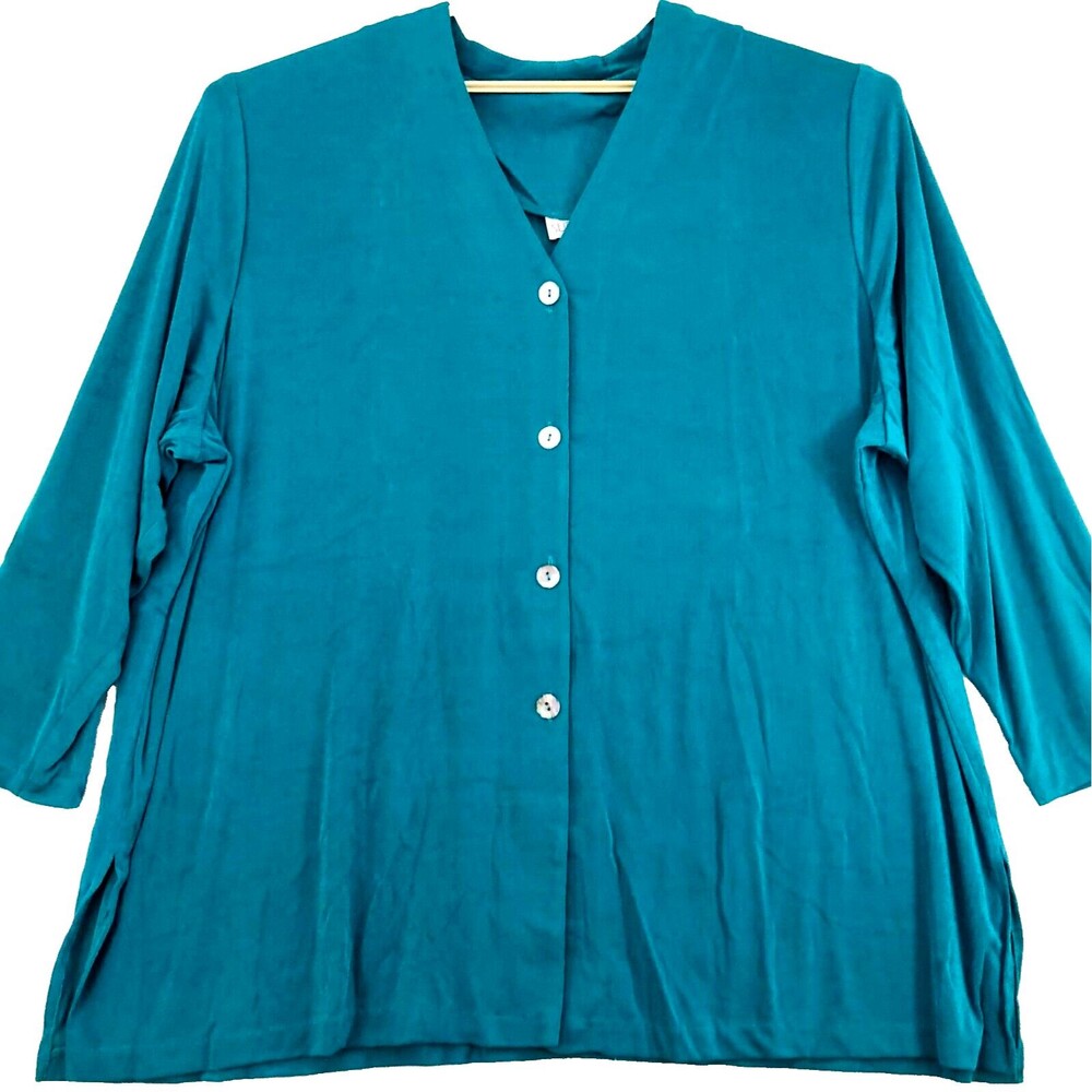 Sue Brett 3 Pc Pantsuit Womens Plus 30W Green Stretchy Slinky Jacket Top Pants